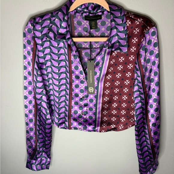 House of Harlow 1960 mixed prints Long Sleeve Crop Blouse - Picture 2 of 7